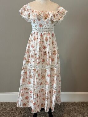 Floral Off-Shoulder Maxi Dress in White with Pink Roses